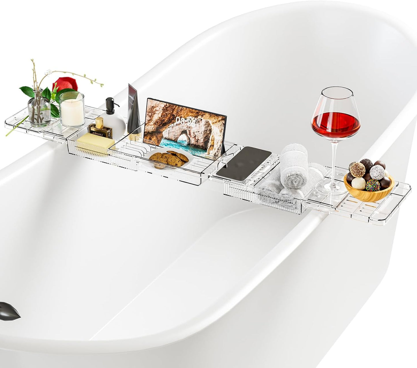 Expandable Acrylic Bathtub Tray for Tub, Bath Caddy Tray Table for Bathtub, Adjustable from 31.5 to 41 inch, Bathtub Rack fits Most Bathtubs and Bathroom Décor, Bath Tub Shelf Accessories for Women