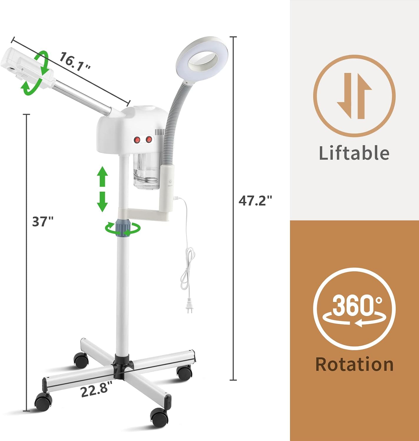 Professional Facial Steamer,2 in 1 Facial Steamer on Wheels with 3X Magnifying Lamp,Time Preset Function Design for Face Sauna Spa and Personal Care Use at Home or Salon