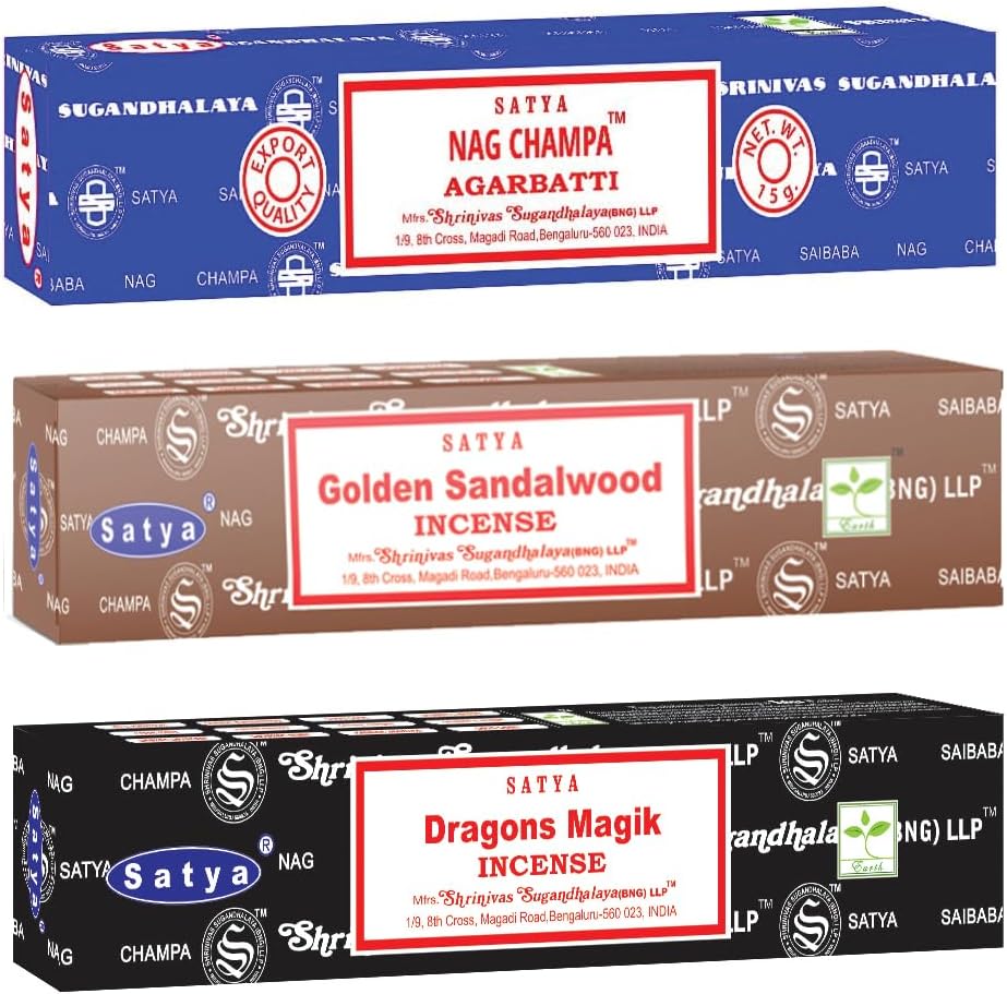 Satya Mystic Mix Incense Sticks 3-Pack Assortment | Slow-Burning, Long-Lasting Nag Champa, Golden Sandalwood & Dragon’s Magik (15g Each)