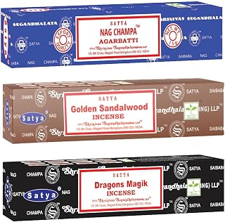 Satya Mystic Mix Incense Sticks 3-Pack Assortment | Slow-Burning, Long-Lasting Nag Champa, Golden Sandalwood & Dragon’s Magik (15g Each)