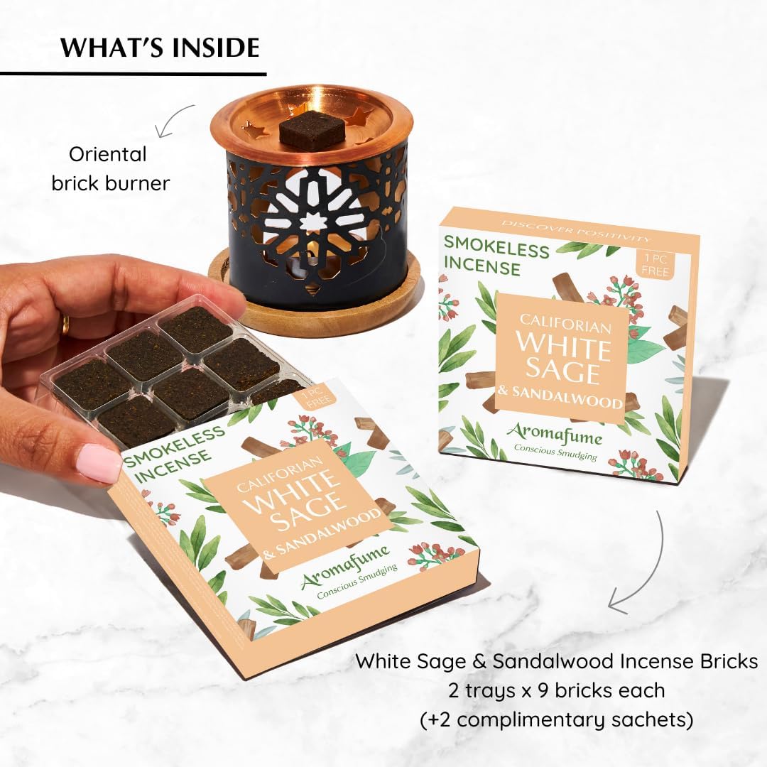White Sage & Sandalwood Incense Bricks with Oriental Burner by Aromafume | 2x9 Bricks | Sage Incense for Cleansing Negative Energy & Protection | Sage for Smokeless Smudging, Spiritual Cleansing