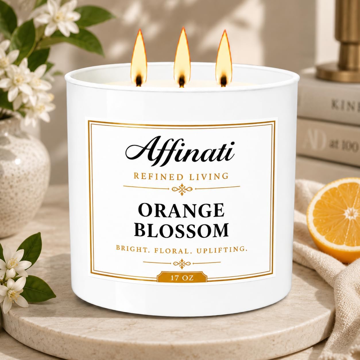 Affinati Orange Blossom 3-Wick Scented Candle – Large Soy Blend Candle, Strong Scent Throw Bright Citrus Floral Aromatherapy Candles, Clean Burning Luxury Home Fragrance Gift
