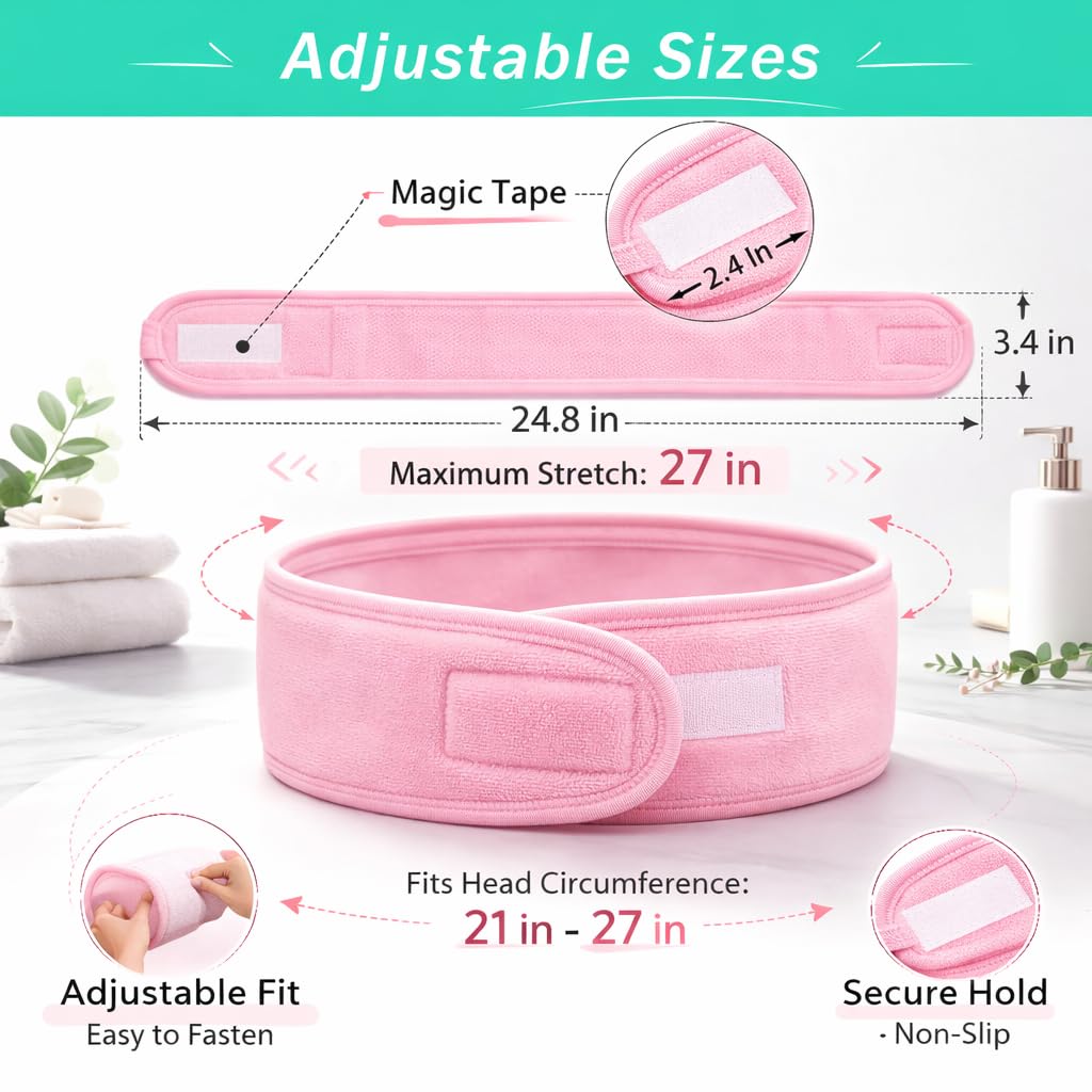 3Pcs Facial Spa Headband Set for Women – Adjustable, Non-Slip Terry Cloth Headband for Face Washing, Make-up Application and Showering – Soft and Stretchable Hair Wrap