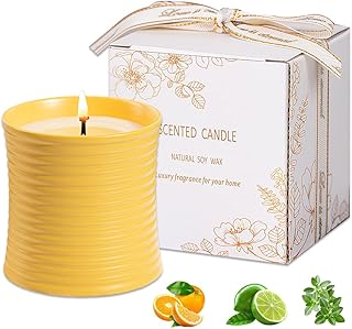 Generic Natural Soy Wax Scented Candle, Lime Basil Citrus Fragrance, Handmade Luxury Home Decor with Cotton Wick,Yellow Ceramic Container, Reusable Jar