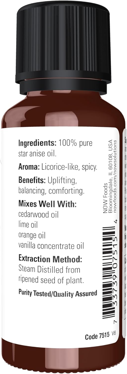 NOW Essential Oils, Anise Oil, Balancing Aromatherapy Scent, Steam Distilled, 100% Pure, Vegan, Child Resistant Cap, 1-Ounce