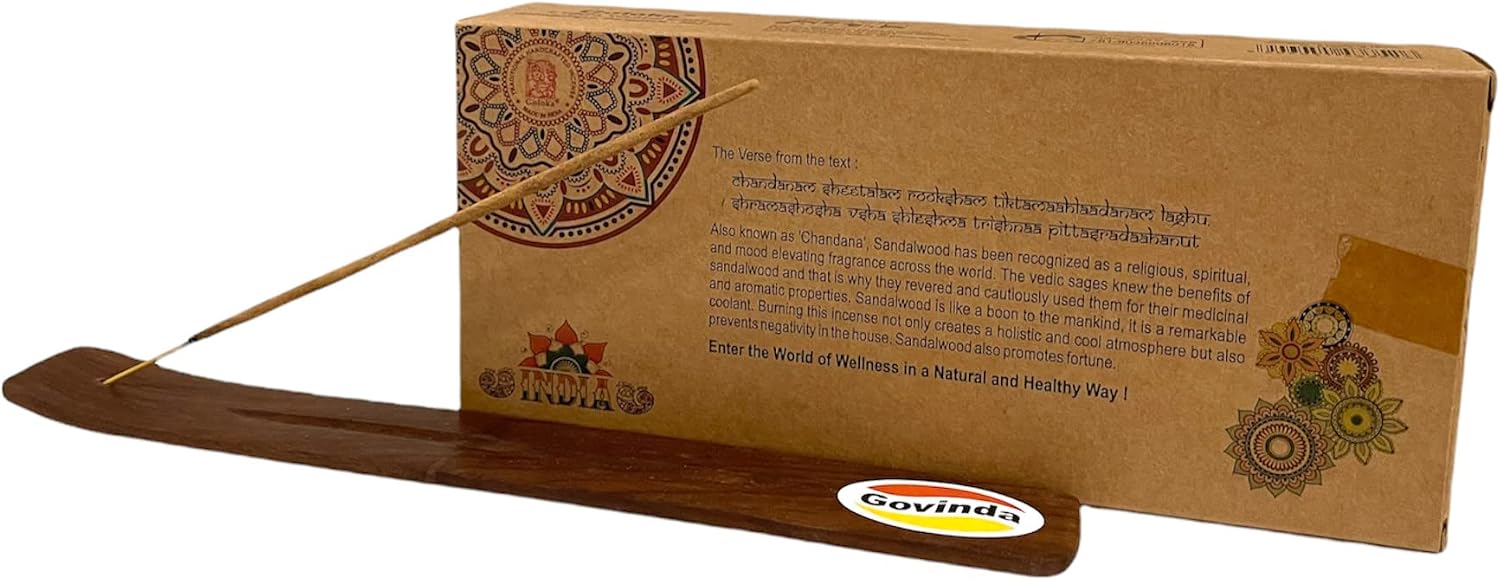 Govinda Incense Stick Holder Bundle with Goloka Incense Organica Series Sandalwood Incense Sticks - 6 Pack of 15 Grams