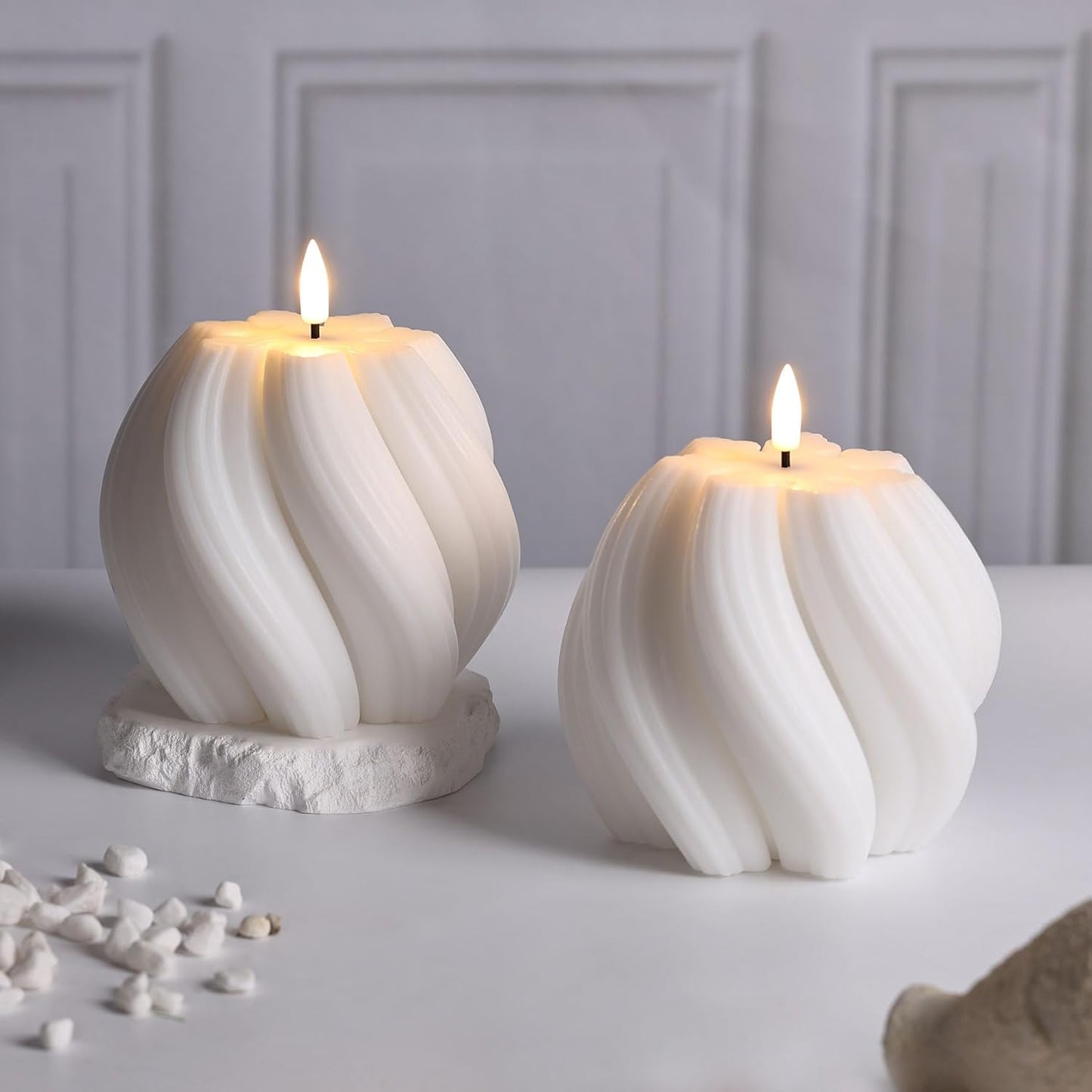 White Swirl Flameless Candles with Remote, Aesthetic Twirl LED Pillar Candle Housewarming Gift Home Shelf Decor 1 Pack