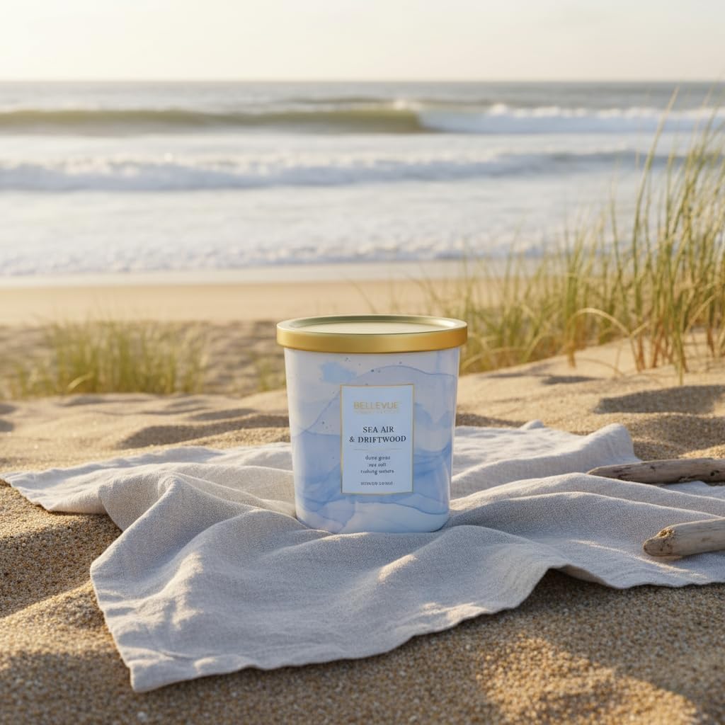 Bellevue Luxury Fragranced Candle, 12 OZ, Soy Blend Wax,Essential Oils, Long-Lasting Burn, Home Fragrances, Aromatherapy Home Scented Candles Scent: Sea Air & Driftwood