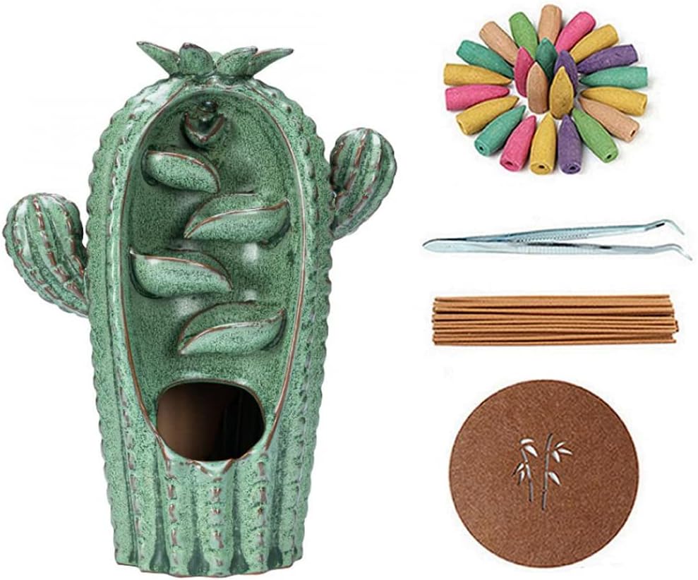 Backflow Incense Burner Holder Cactus Waterfall Home Decor Porcelain with Incense Cone Sticks Holder Incense Sticks Backflow Incense Cones Mat Tweezer Gift Set (3)