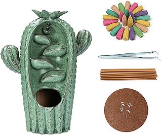 Backflow Incense Burner Holder Cactus Waterfall Home Decor Porcelain with Incense Cone Sticks Holder Incense Sticks Backflow Incense Cones Mat Tweezer Gift Set (3)