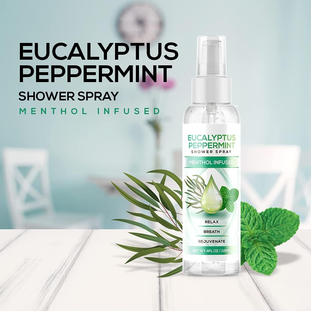 Eucalyptus Peppermint Shower Spray, All Natural Essential Oil for Spa, Steam Room, Linens and Baths, Cool and Refreshing