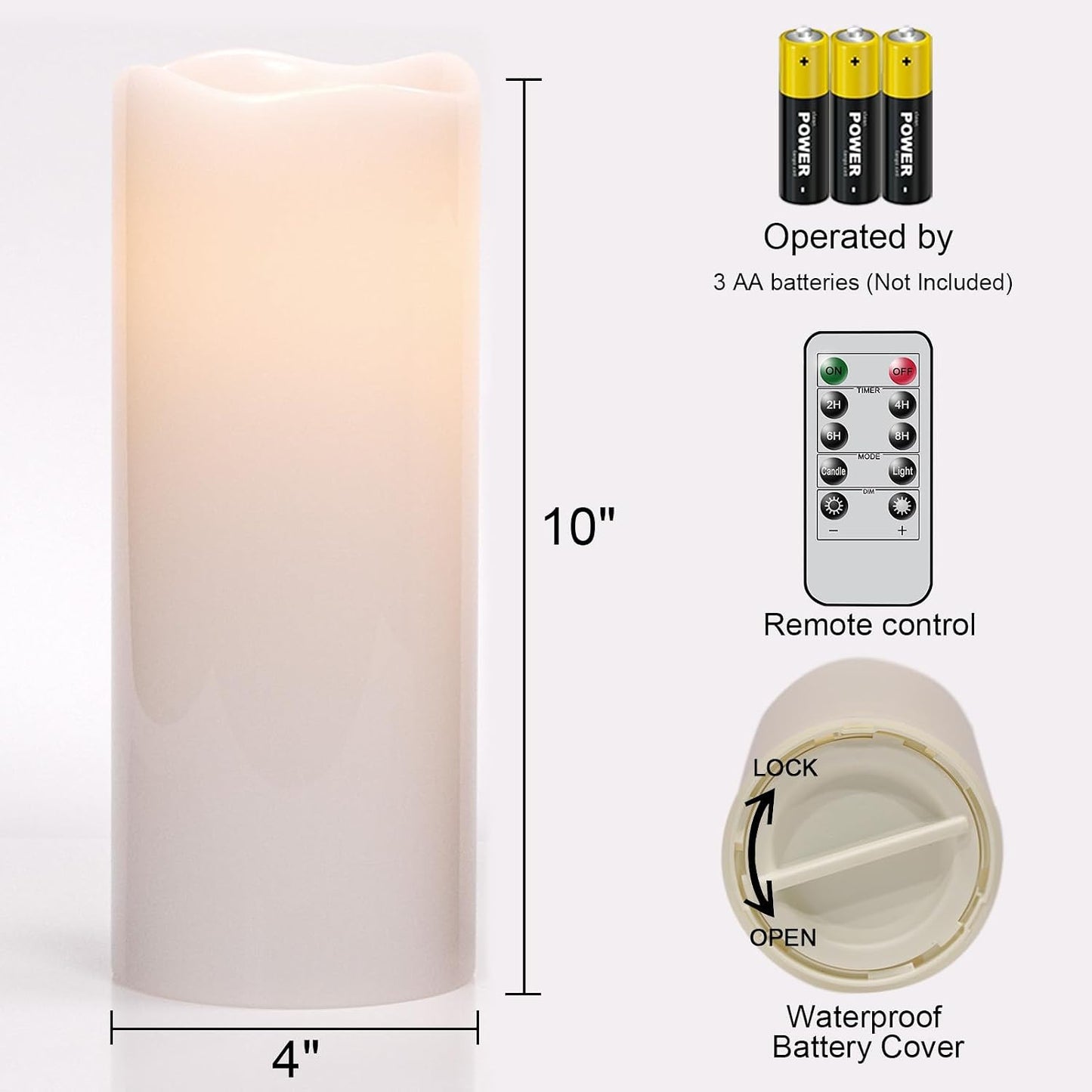 GenSwin Waterproof Large Flameless Candles with Remote for Lanterns, 2 Pack 4" x 10" Battery Operated with Timer, LED Pillar Candles Flickering for Indoor Outdoor Lanterns, Long-Lasting for Decor