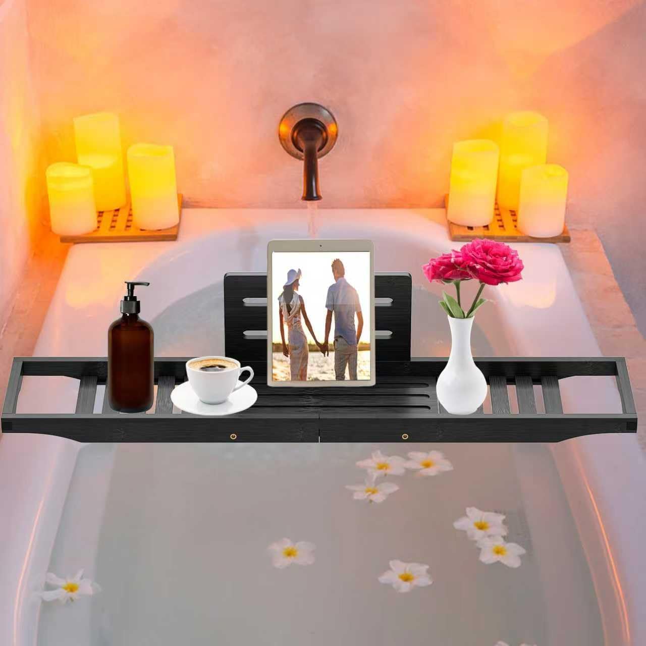 Bathtub Tray Caddy Black - Bath Tray Black - Bath Tub Table Tray Caddy - Bamboo Bath Tray for Tub
