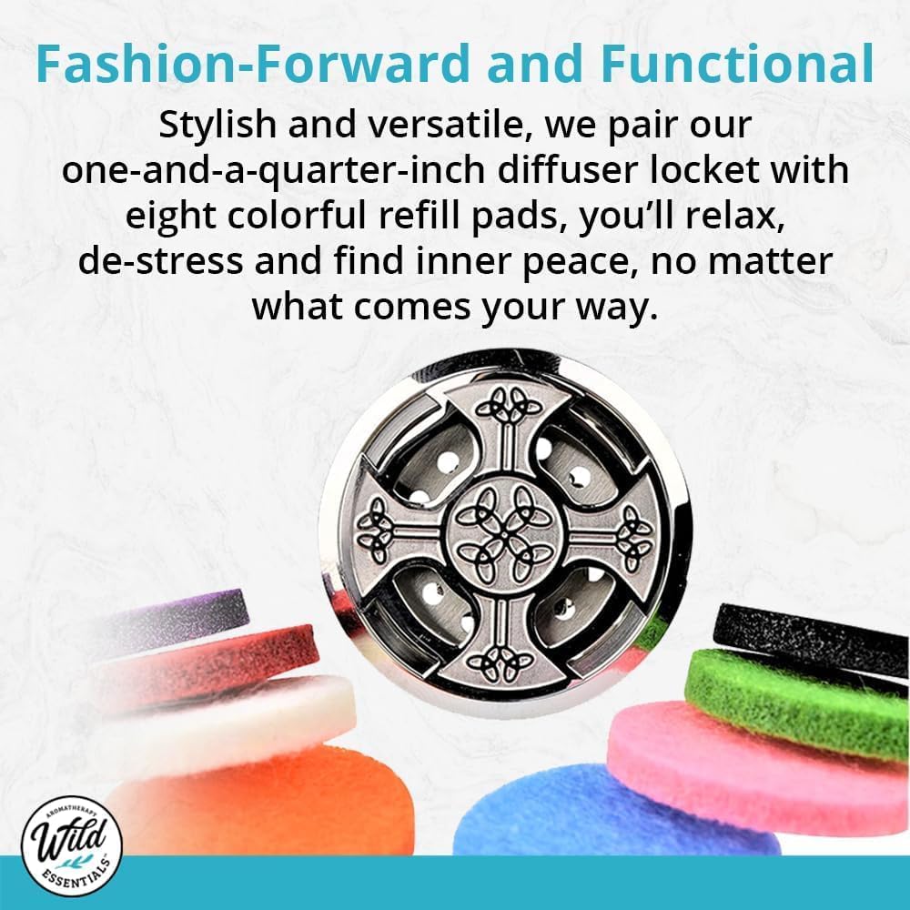 Wild Essentials Potter Hallows Car Vent Diffuser Kit – 316L Stainless Steel Locket, Rubber-Coated 4-Way Clip, 8 Color Pads (22mm), 25mm – Includes Inner Calm (1 x 10ml)
