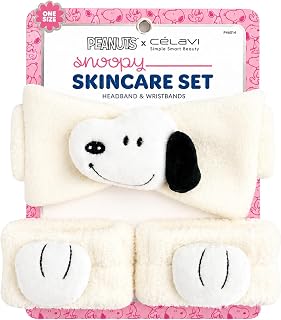 CELAVI Peanuts Snoopy Spa Headband and Face Wash Wristbands Set - Soft Skincare Makeup Hair Band, Microfiber Fleece, White