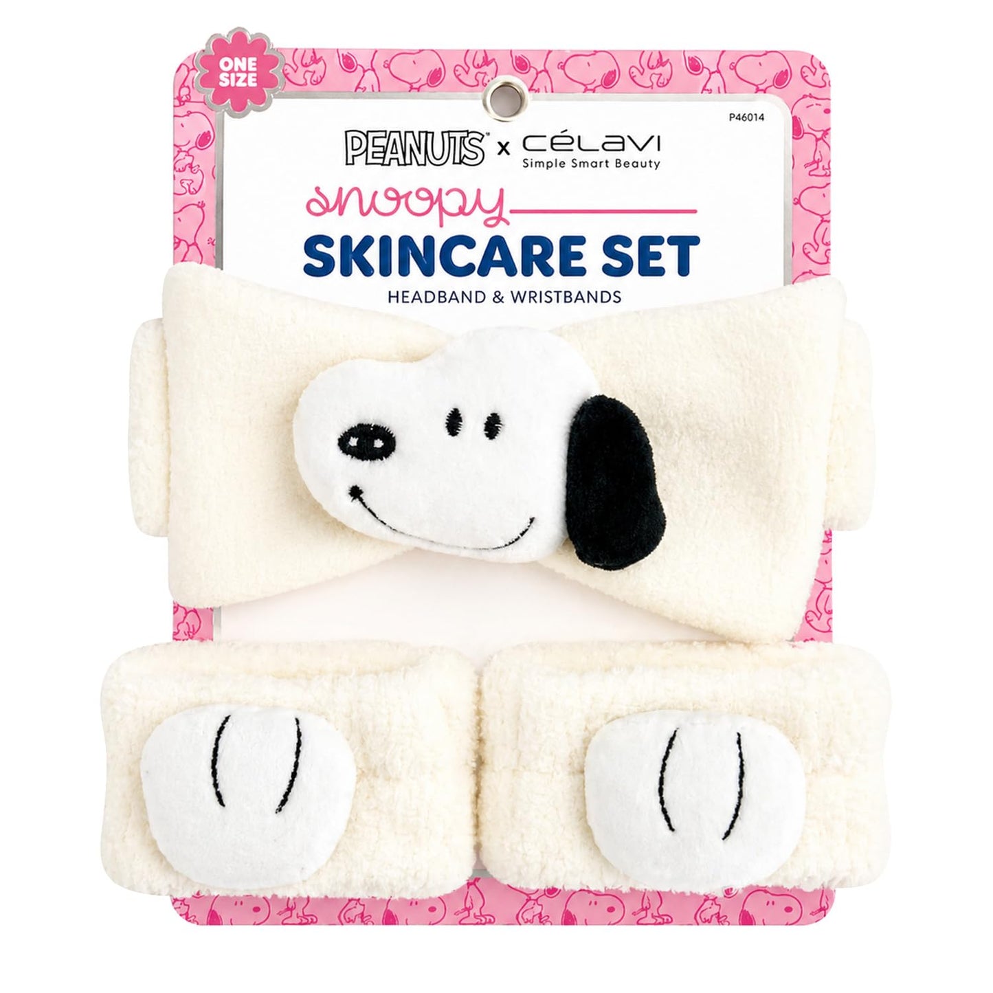 CELAVI Peanuts Snoopy Spa Headband and Face Wash Wristbands Set - Soft Skincare Makeup Hair Band, Microfiber Fleece, White