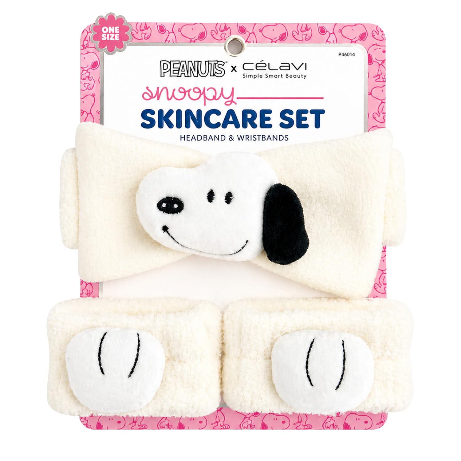 CELAVI Peanuts Snoopy Spa Headband and Face Wash Wristbands Set - Soft Skincare Makeup Hair Band, Microfiber Fleece, White