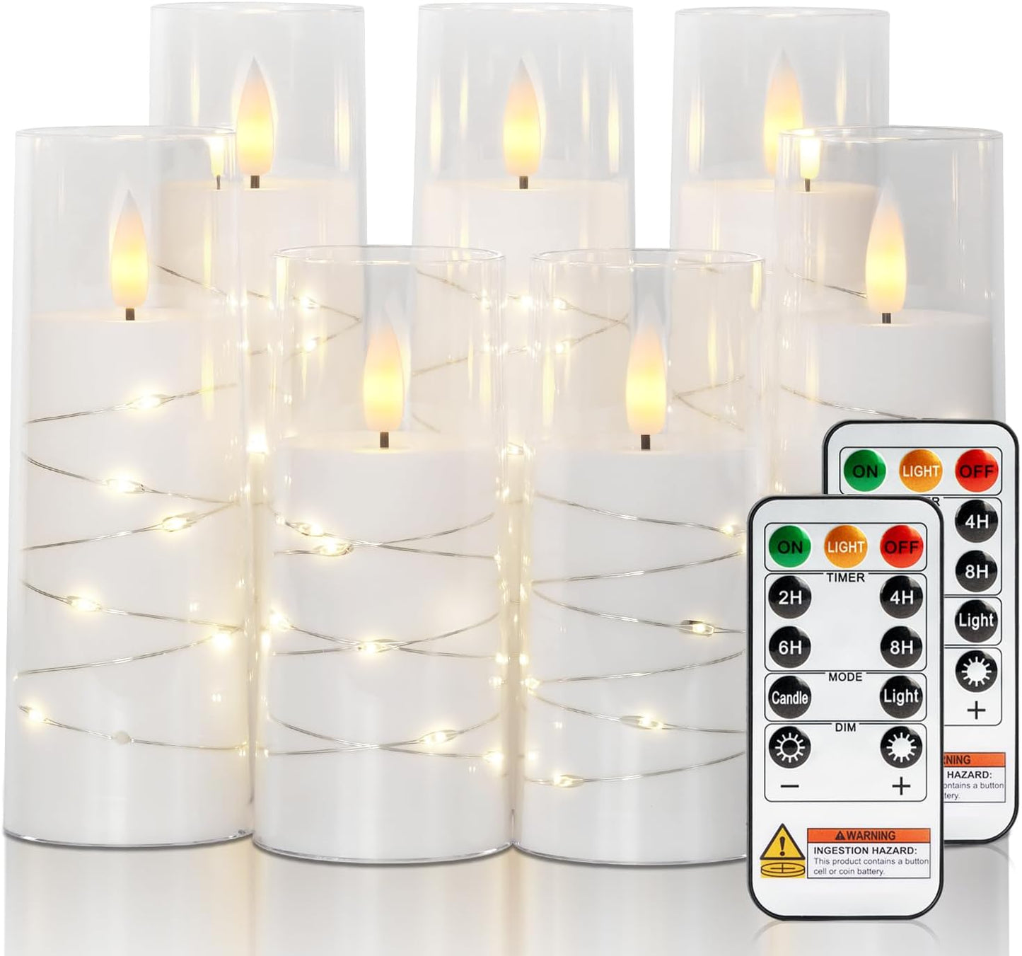 Raycare Flameless Candle with Remote Timer 7 Flickering Acrylic Battery Operated LED Pillar Candles with Embedded Star String for Christmas, Wedding, Home Table Decor, and as a Gift(White)