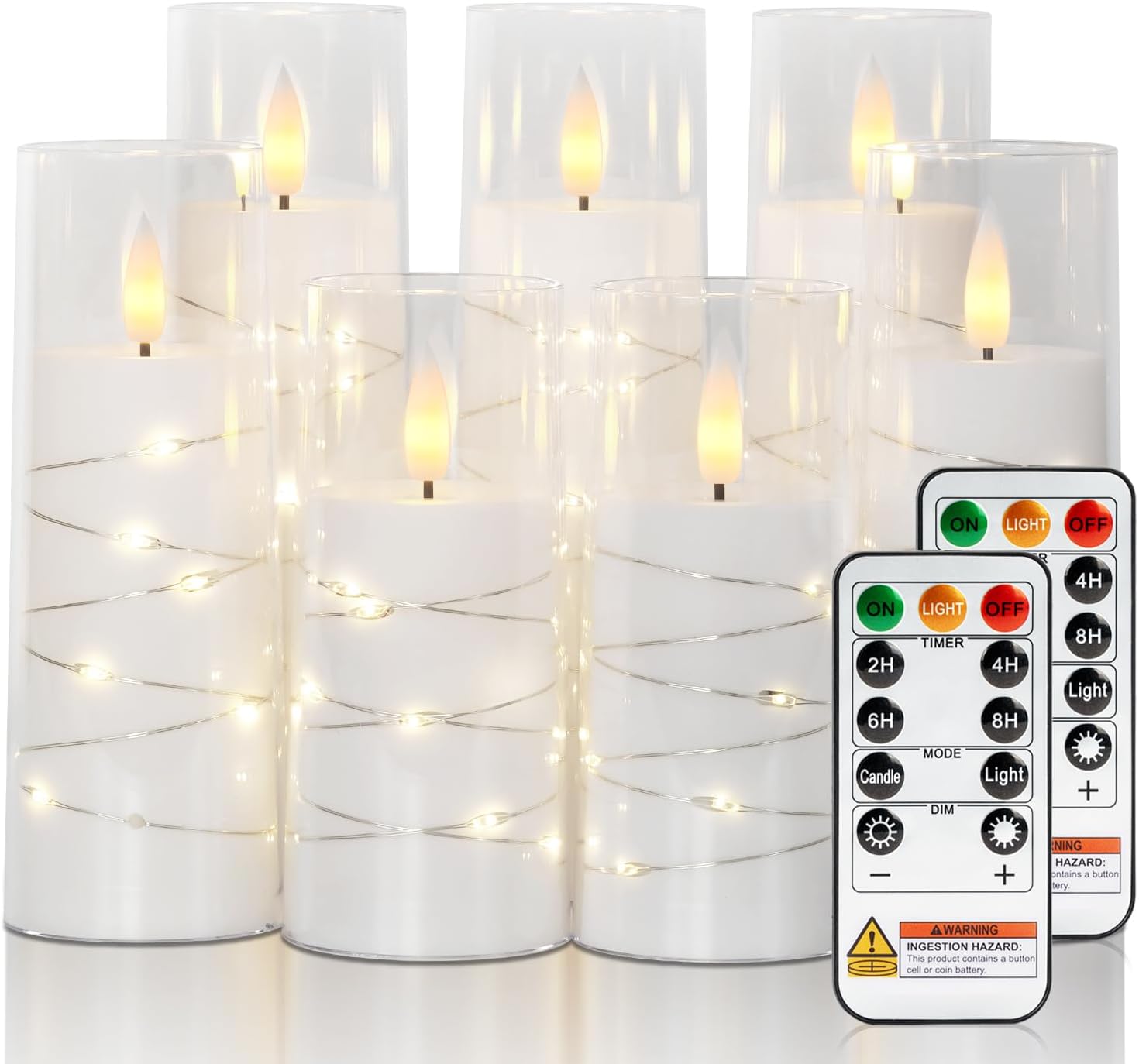 Raycare Flameless Candle with Remote Timer 7 Flickering Acrylic Battery Operated LED Pillar Candles with Embedded Star String for Christmas, Wedding, Home Table Decor, and as a Gift(White)