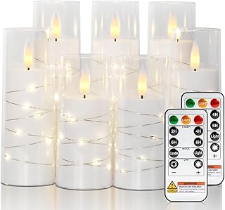 Raycare Flameless Candle with Remote Timer 7 Flickering Acrylic Battery Operated LED Pillar Candles with Embedded Star String for Christmas, Wedding, Home Table Decor, and as a Gift(White)