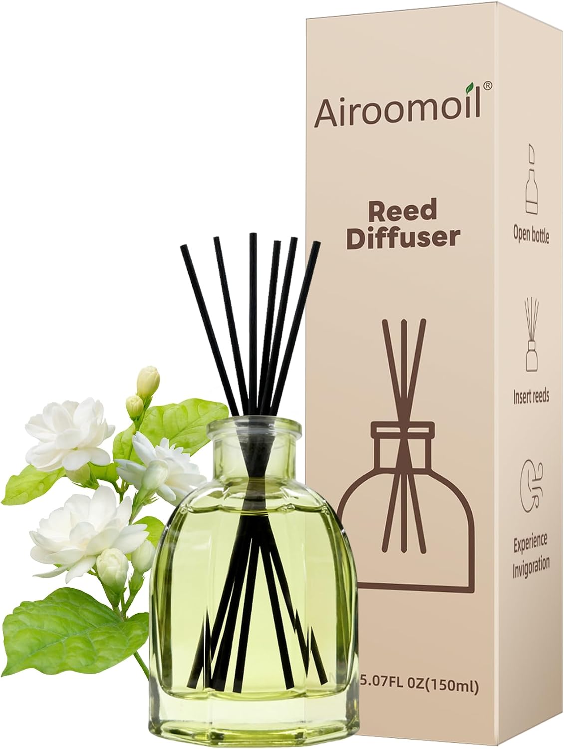 White Jasmine Reed Diffuser Set – 5 fl oz with 6 Sticks, Soft Floral Home Fragrance, Flameless Minimalist Glass Diffuser for Bathroom, Bedroom, Office, Hotel Aesthetic Decor & Gift