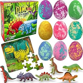 Bath Bombs for Kids with Surprise Toys Inside Plus Dinosaur Puzzle - Set of 9 Organic Dino Egg Bath Bombs with Rich Bubbles, Birthday Gifts for Kids