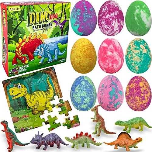 Bath Bombs for Kids with Surprise Toys Inside Plus Dinosaur Puzzle - Set of 9 Organic Dino Egg Bath Bombs with Rich Bubbles, Birthday Gifts for Kids