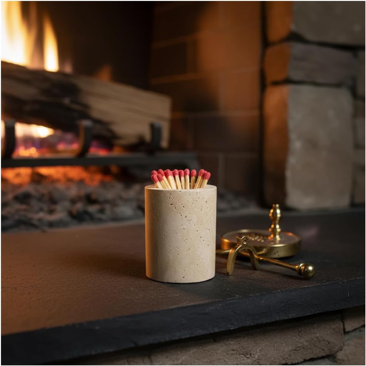 Match Holder with Striker Travertine Match Jar Decorative 2.5” x 3” Matchstick Organizer for Fireplace, Candles, Parlor Cute Match Jar for Home Decor Gift, Matches Not Included