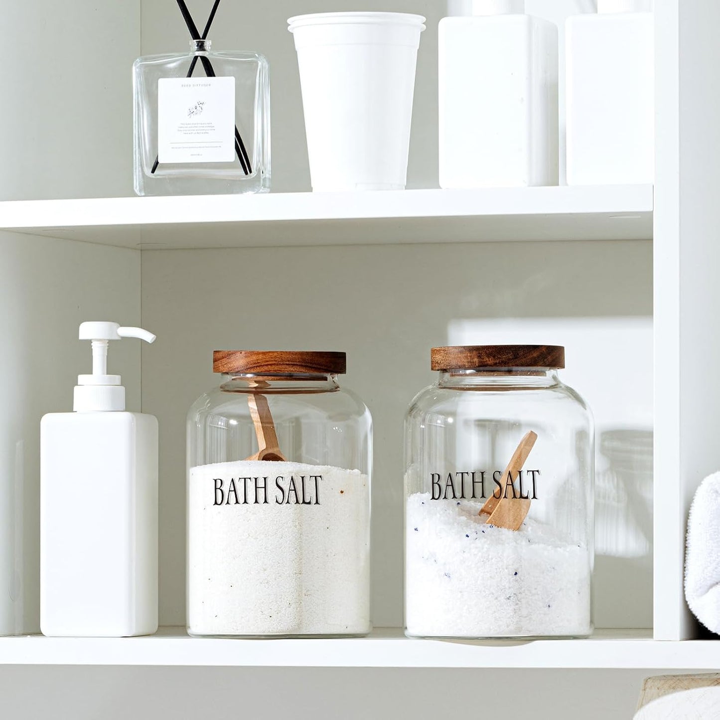 SiliFine 2 Sets 74 oz Glass Bath Salts Jar with Wooden Scoop and Lid, Bath Salt Container for Bathroom Organizers and Storage, Bathtub Accessories for Women Bathroom, Home Decor