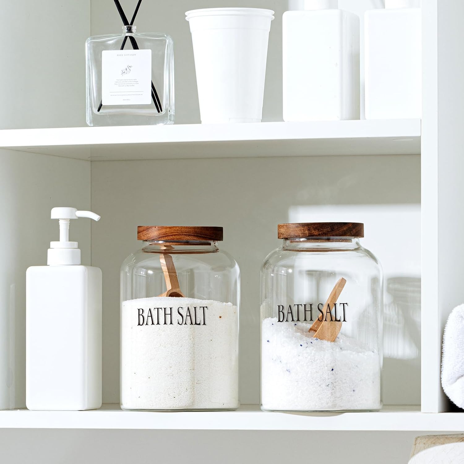 SiliFine 2 Sets 74 oz Glass Bath Salts Jar with Wooden Scoop and Lid, Bath Salt Container for Bathroom Organizers and Storage, Bathtub Accessories for Women Bathroom, Home Decor