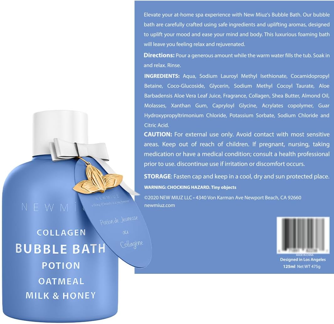 Collagen Luxury Bubble Bath Long Lasting Foam with Oatmeal Milk Honey Moisturizing Relaxing Stress Relief Calming Self Care Spa Gift for Women and Men