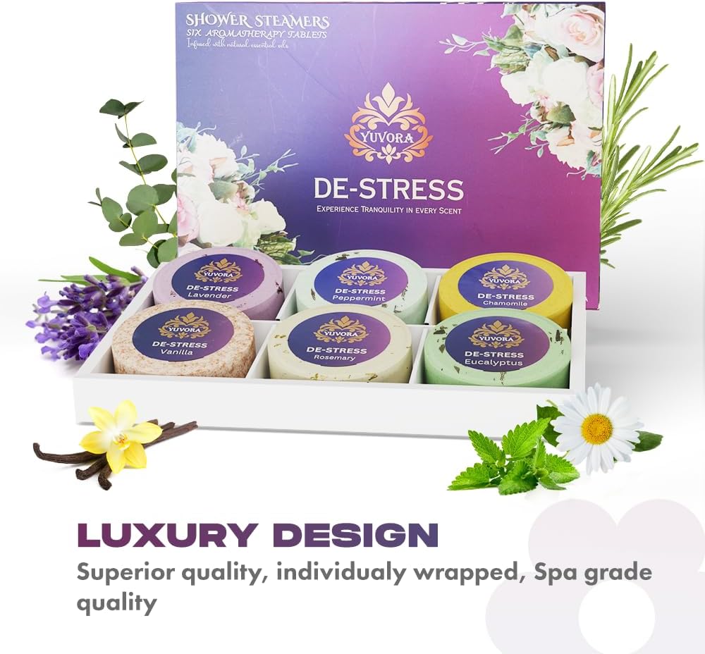 Shower Steamers Gift Set – 6 Aromatherapy Shower Bombs with Essential Oils – Relaxation & Stress Relief Spa Gift for Women & Men – Natural Self-Care Shower Fizzies – Home Spa Kit – De-Stress Scents