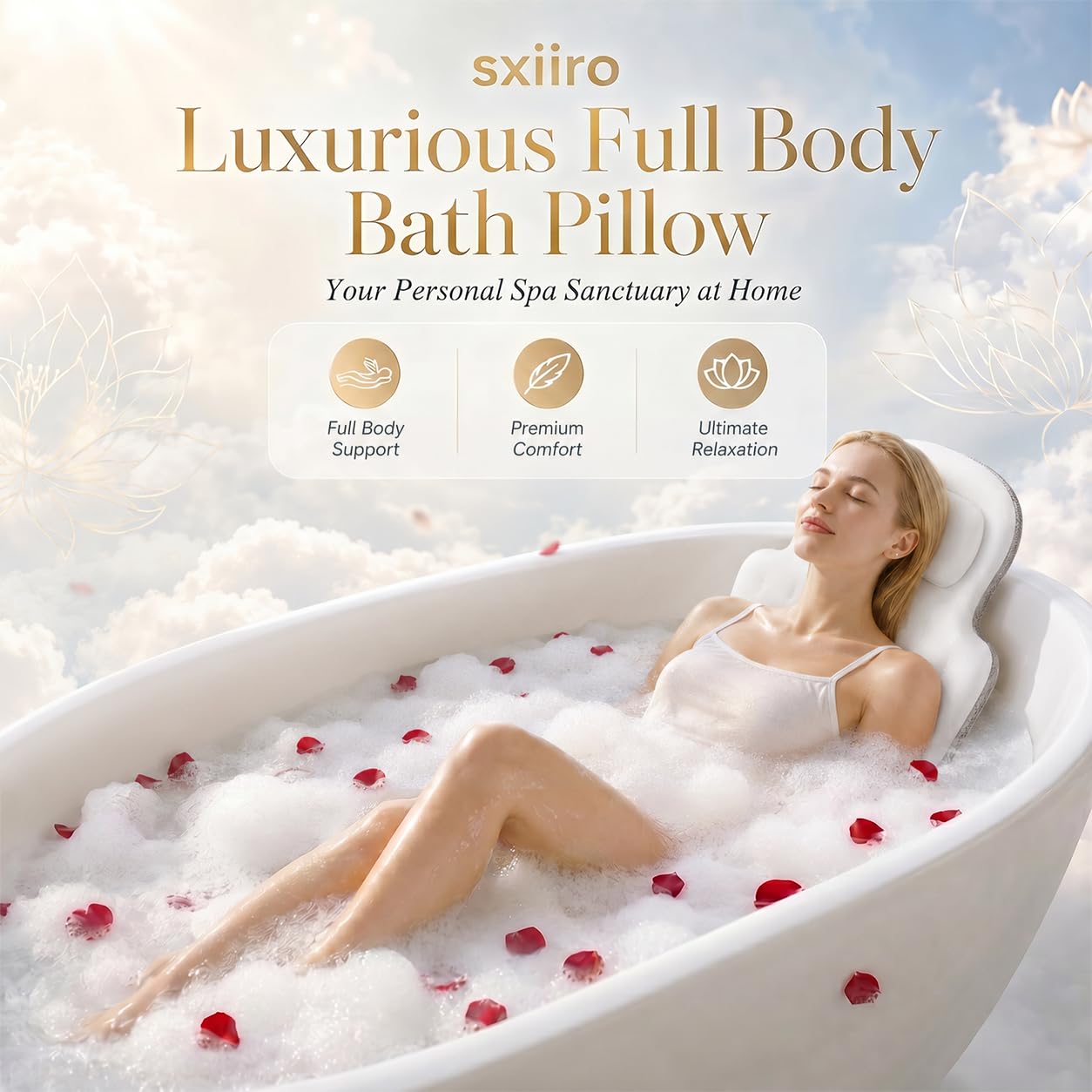 Full Body Bath Pillow, Luxury Bath Cushion with 192 Suction Cups, Bath Pillows for Tub for Head and Neck Support, with Laundry Bag White, 51" x 16"