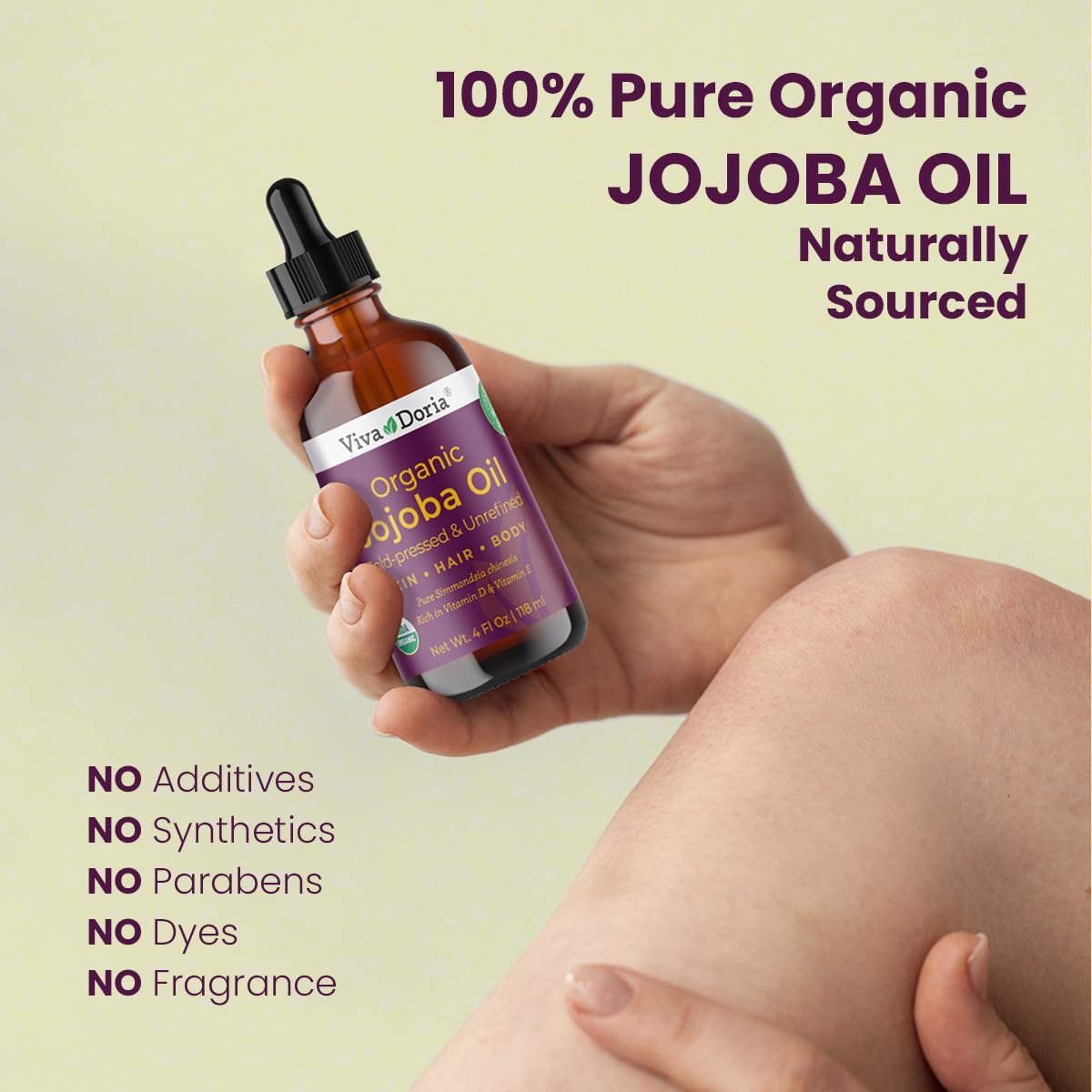 Viva Doria Jojoba Oil, USDA Certified Organic, 4 fl oz, Natural Jojoba Oil for Hair, Skin & Face, Cold Pressed Unrefined