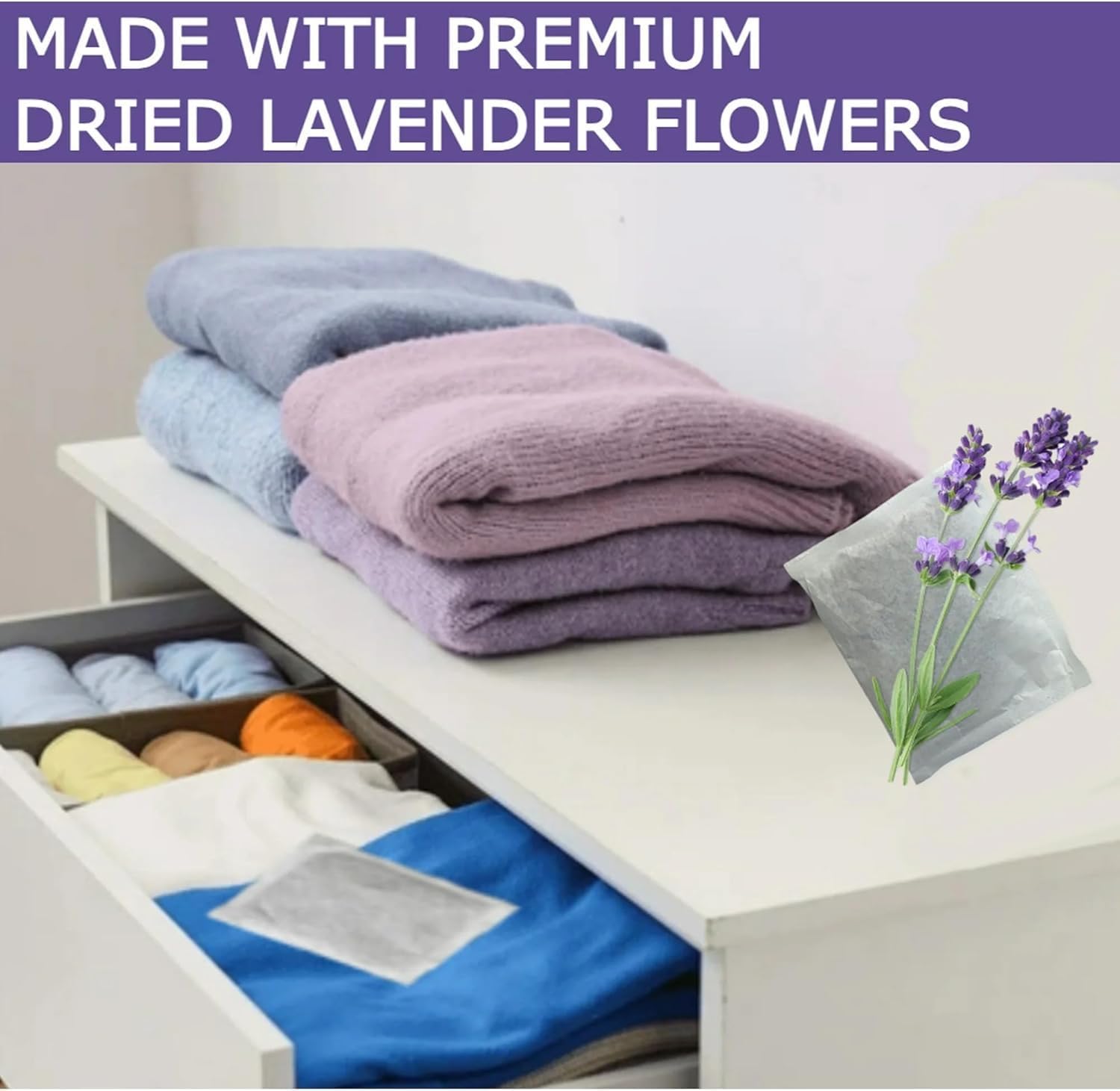 Lavender Dryer Sachets, Premium Extra Flowers, Lavender Scented Sachets for Drawers and Closets, Natural Air Freshener Bags, Odor Eliminator for Closet, Car, Shoes, Gym Bag, Suitcase, Luggage (6 Pack)
