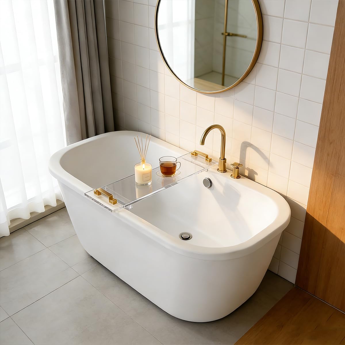 33in Clear Acrylic Bathtub Caddy with Metal Handles, Multifunctional Bath Tub Tray Bathtub Shelf Tray Simple Bath Board for Wine Glass,Book & Bathroom Essentials, Tubs Spa Gift for Men & Women