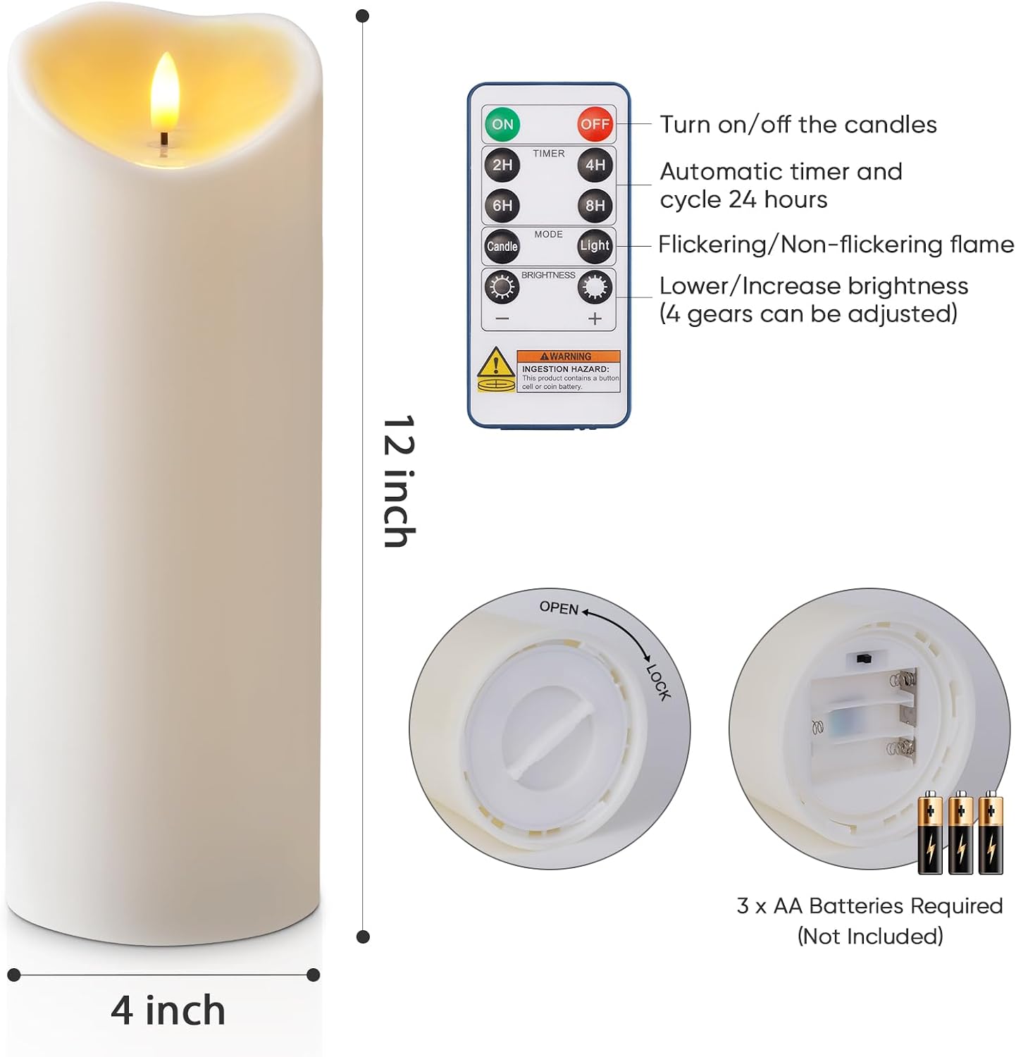 Amagic 4” x 12” Large Outdoor Candles with Timer Waterproof, Flickering Flameless Candles Battery Operated with Remote, Realistic LED Fake Pillar Candle for Lanterns, Patio, Porch, Garden Decor