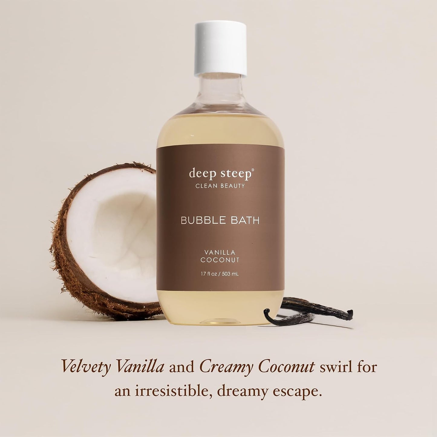 Deep Steep Vanilla Coconut Bubble Bath for Women, Hypoallergenic, Clinically Tested, Clean Formula for Sensitive Skin, Sulfate-Free, 17 fl oz Bottle, Essential Bath Accessories