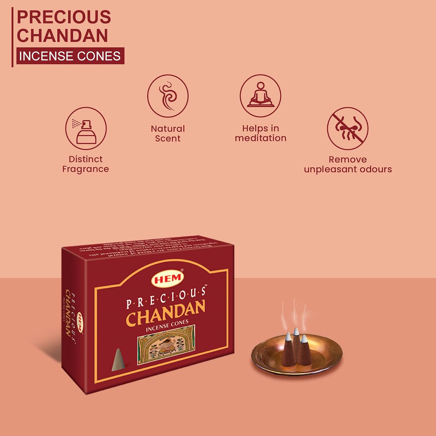 HEM Precious Chandan Incense Cones Pack of 120 | Natural Sandalwood Aroma for Positivity & Air Purifier | Pure House, Wood Powder | Home Essential, Aromatherapy Incense for Stress Relief & Cleansing