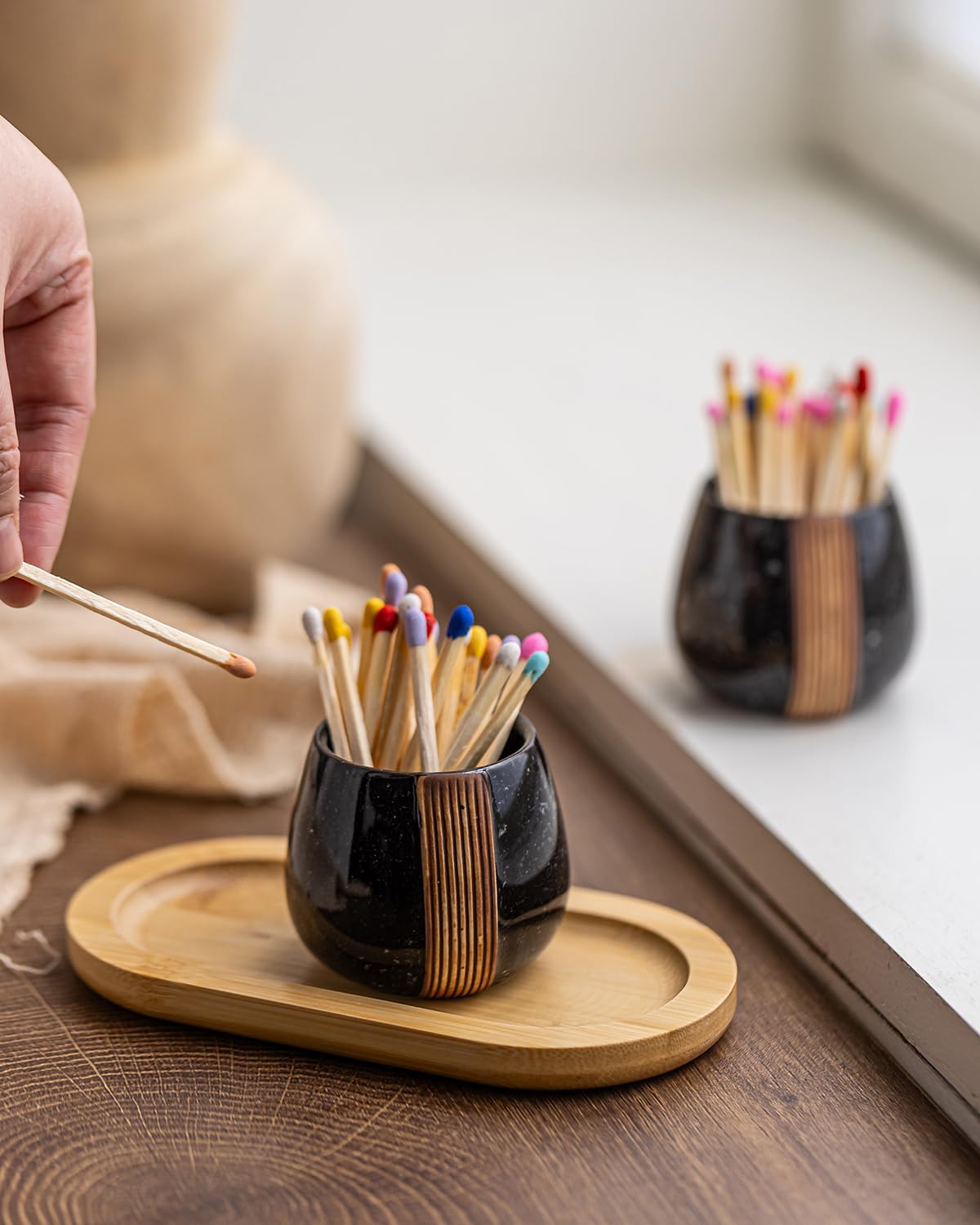 Zoeeker Set of 2 Ceramic Match Holders with Striker - Wooden Tray Matchstick Container Set for Christmas Bathrooms, Cafes & Modern Homes- Matches NOT Included, Black