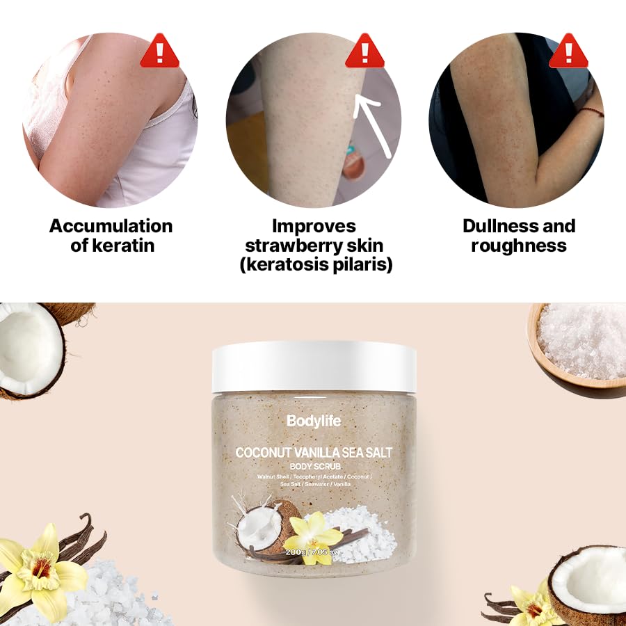 Coconut Vanilla Sea Salt Body Scrub Exfoliating Body Scrub for Body Moisturizing Body Polish Dead Skin Remover Hydrating Shower Bath Body Exfoliator Smooth Soft Skin 10.58 oz