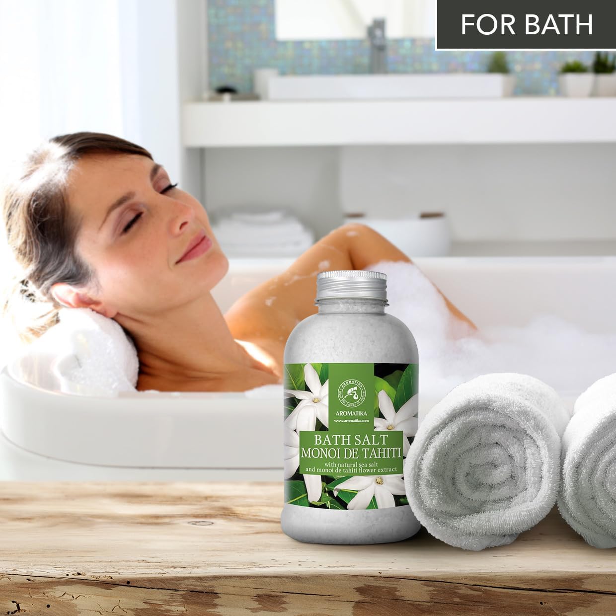 AROMATIKA Bath Salt Monoi de Tahiti 21.16 Oz (600g) - Coconut and Gardenia Flowers Scent - Relaxing Bath - Good Sleep - Aromatherapy - Sea Salt Bath