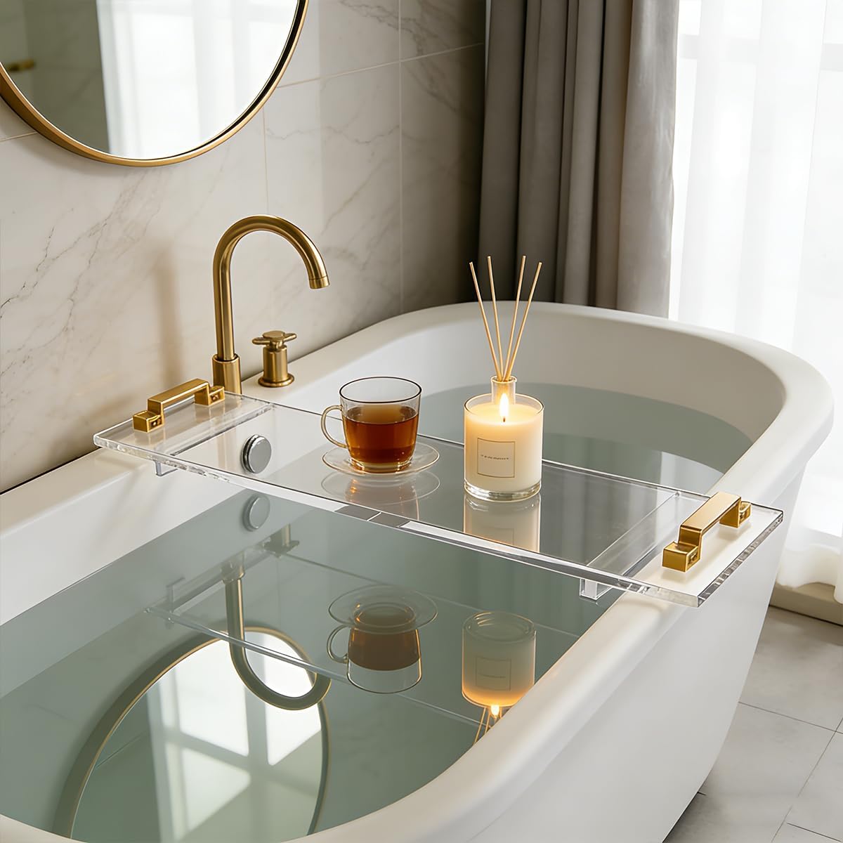 33in Clear Acrylic Bathtub Caddy with Metal Handles, Multifunctional Bath Tub Tray Bathtub Shelf Tray Simple Bath Board for Wine Glass,Book & Bathroom Essentials, Tubs Spa Gift for Men & Women