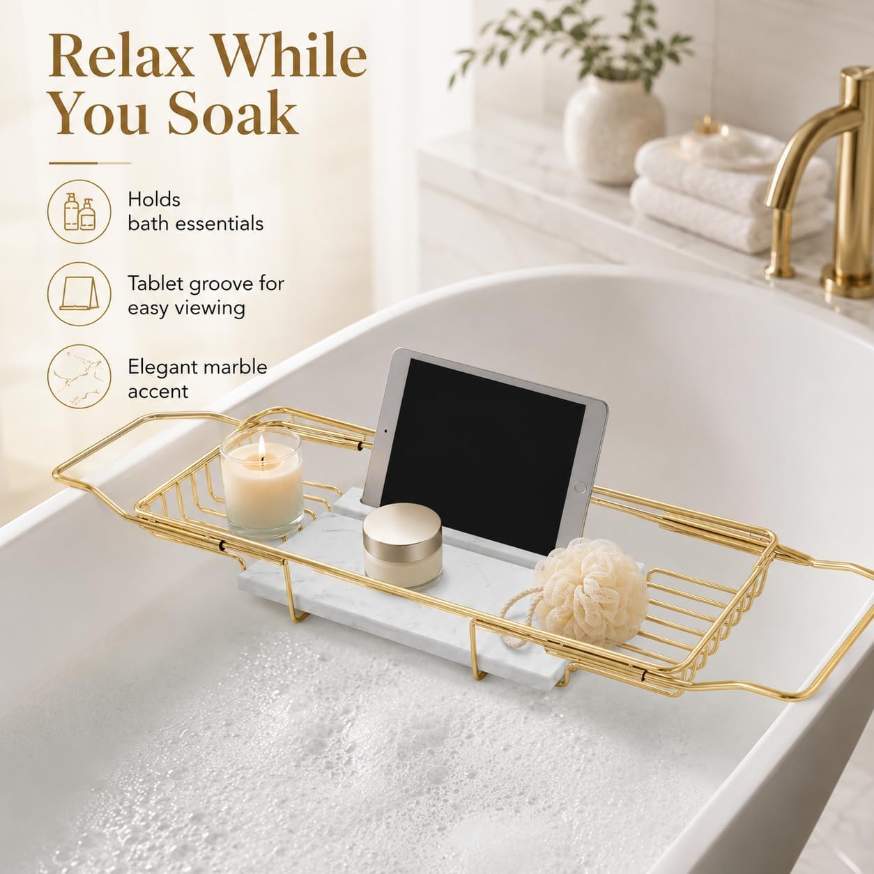 Expandable Bathtub Tray, Stainless Steel Bath Table Tray with Marble Board, Modern Luxury Bathtub Shelf for Bathrooms, Kitchen Sink (Gold + White)