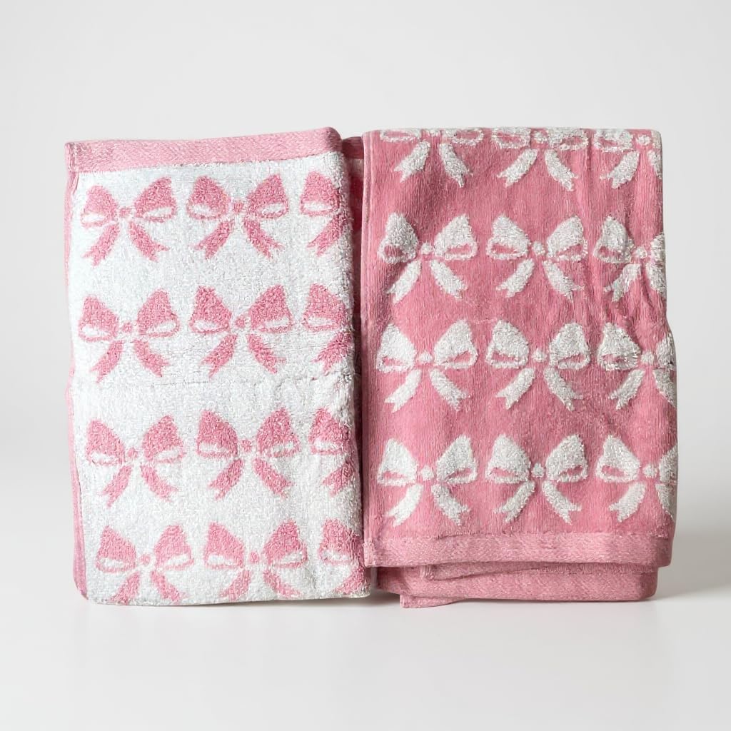 Luxury Bow Hand Towels – Set of 2 - Ultra-Absorbent & Quick-Dry Cotton Towels for Bathroom, Spa & Hotel Quality Comfort (Pink Bows, Hand Towel)