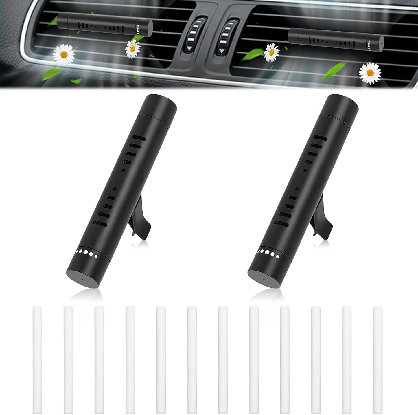 2 Pcs Car Air Essential Oil Diffuser Vent Clip with 12 Pcs Odorless Refill Sticks, Premium Aluminum Air Freshener Diffuser Suitable for Cars, Office, Kitchen (Black, 2 Pcs)