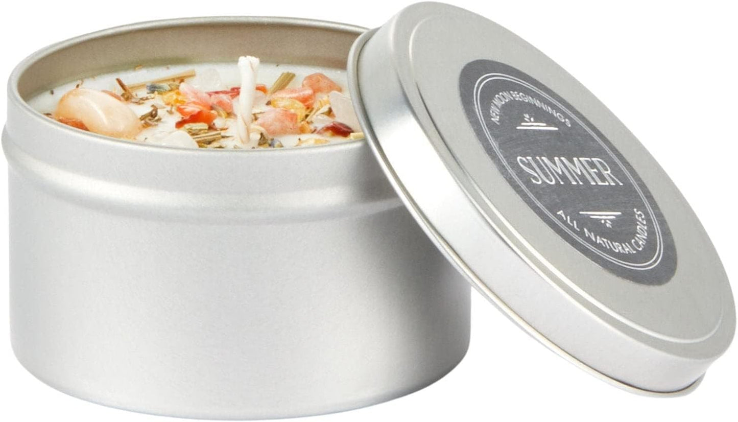 Summer Candle by New Moon Beginnings - Soy Candles - All Natural Aromatherapy Candle - Dried Herb, Flower, & Crystal Candles - Citrus Coconut Candle - 8 oz Tin