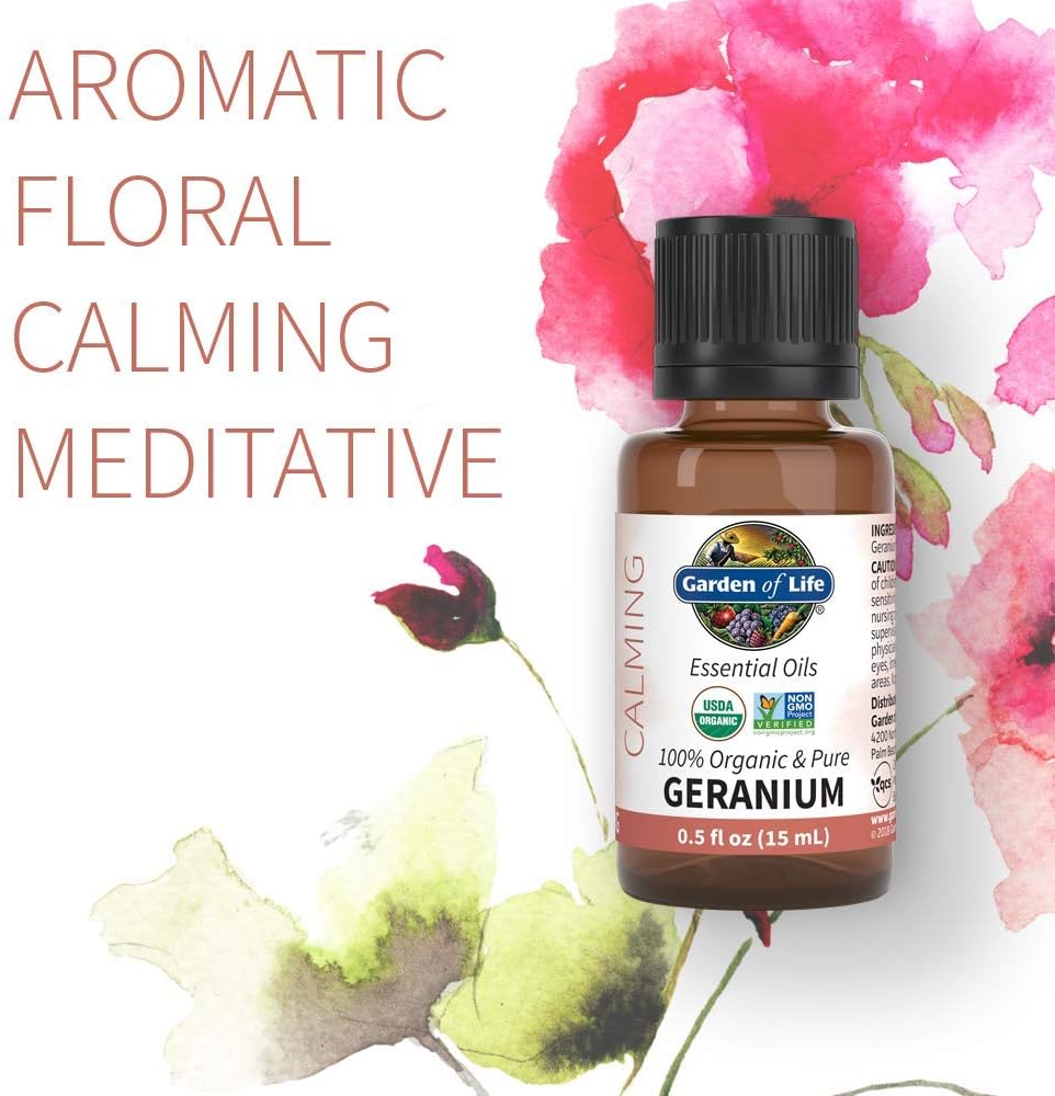 Garden of Life Essential Oil, Geranium 0.5 fl oz (15 mL), 100% USDA Organic & Pure, Clean, Undiluted & Non-GMO, for Diffuser, Aromatherapy, Meditation - Balance, Relaxation, Calming, Floral, Aromatic