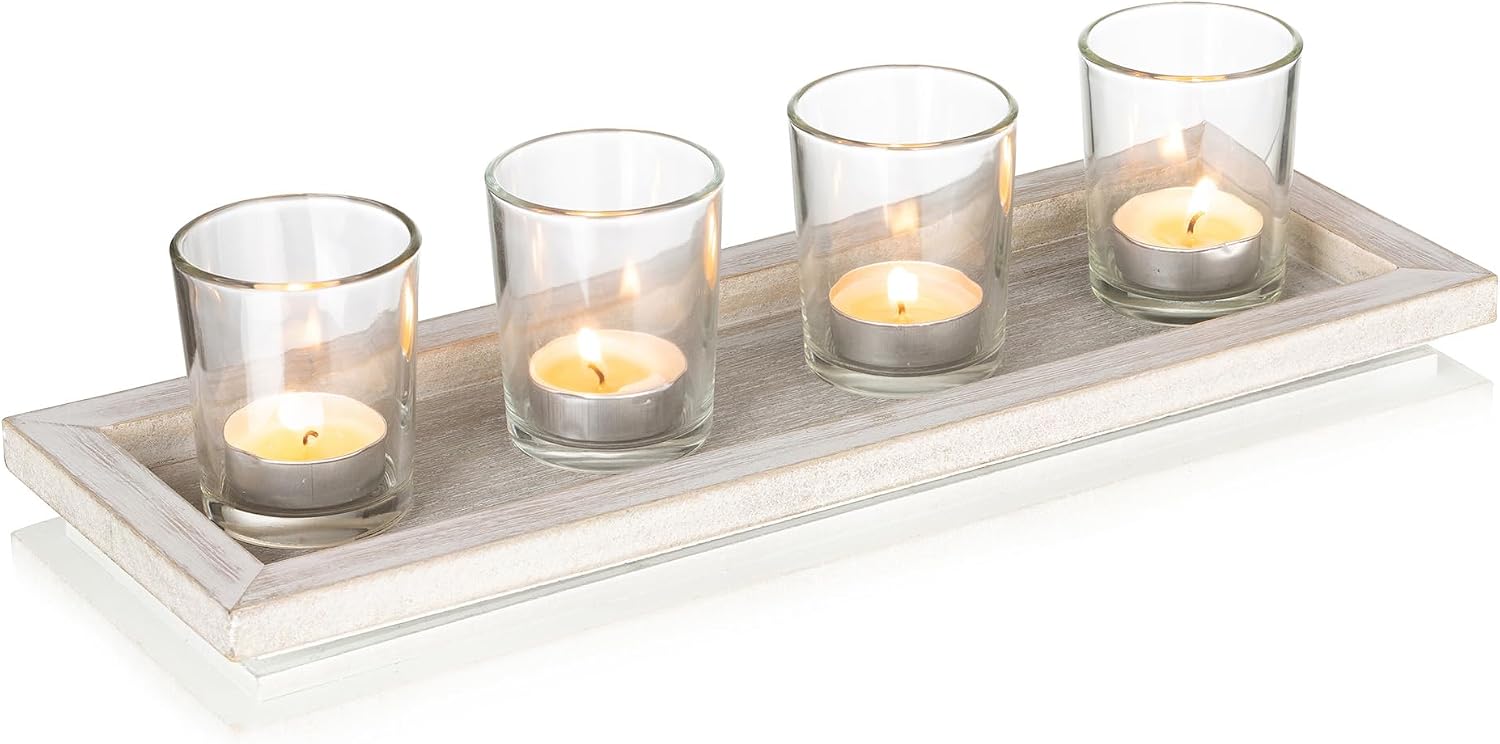 Hanobe Candle Tray Decorative Rectangle: Rustic Long Narrow Farmhouse Centerpiece Trays Whitewashed Wood Candles Holder Plate for Kitchen Coffee Table Dining Room Home Decor