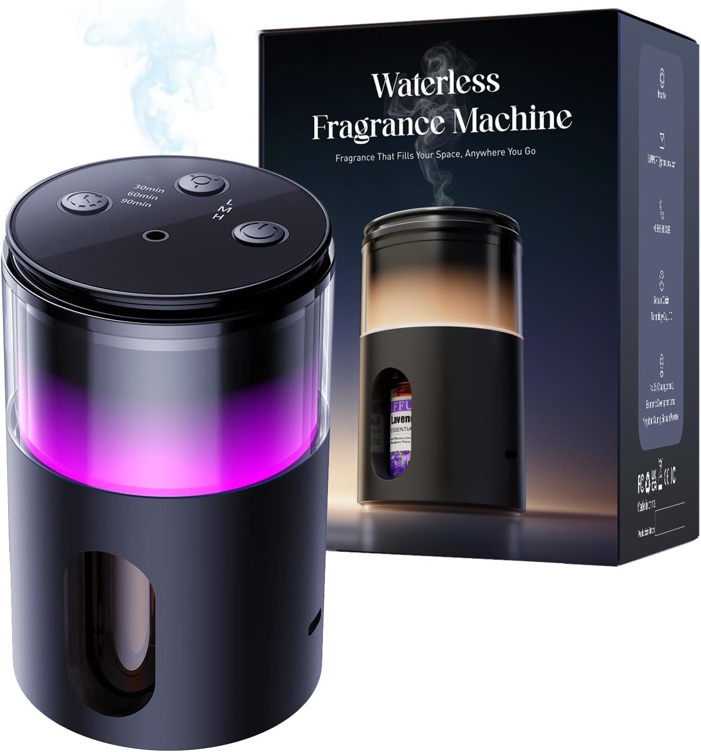 Battery Operated Waterless Diffuser – Portable Scent Machine for Car, Office & Bedroom, Ultrasonic Aroma Mist with 9 Color LED Light, Mini Essential Oil Diffuser Purple Black